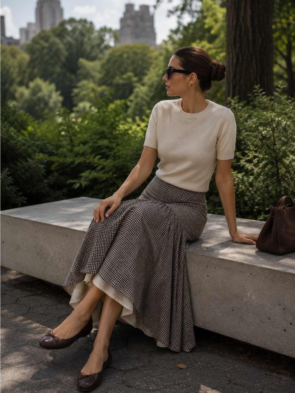 Zara Gingham Midi Skirt M Black Ivory Flared A-Line Lined High Waist NWT - Picture 3 of 8